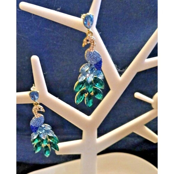Iced Gold Peacock Dangle Earrings Blue Green Rhinestones - Picture 2 of 6